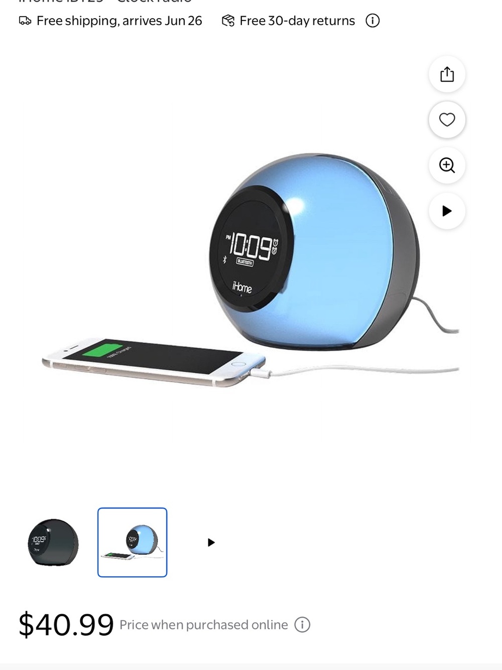 iHome Round Digital Alarm Clock with Blue Light and Charging Port